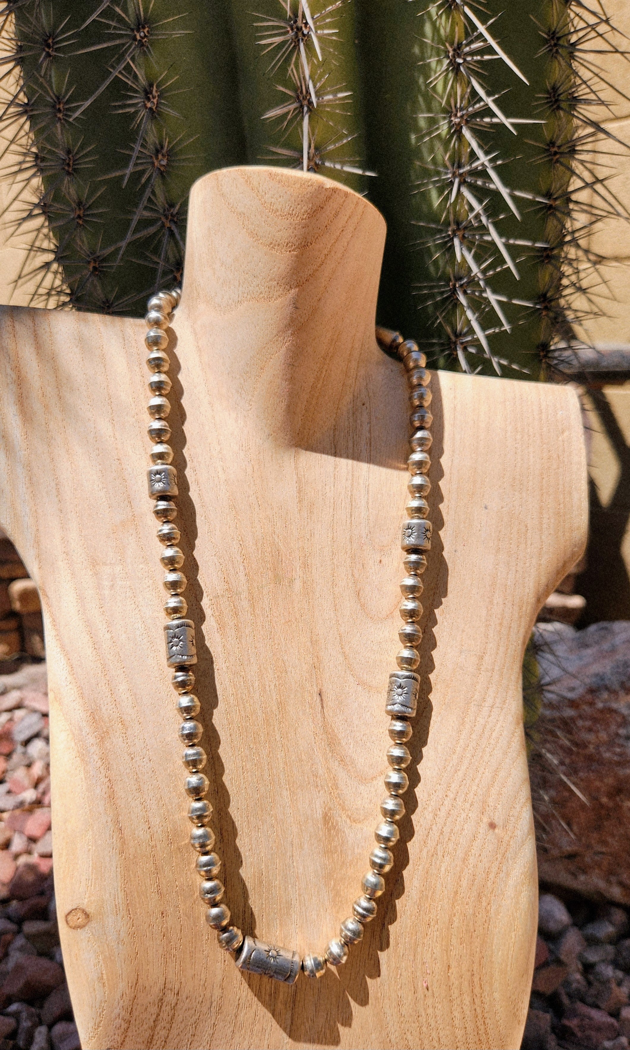 Navajo Hand strung Pearls and Sun Stamped Bead Cylinder Necklace
