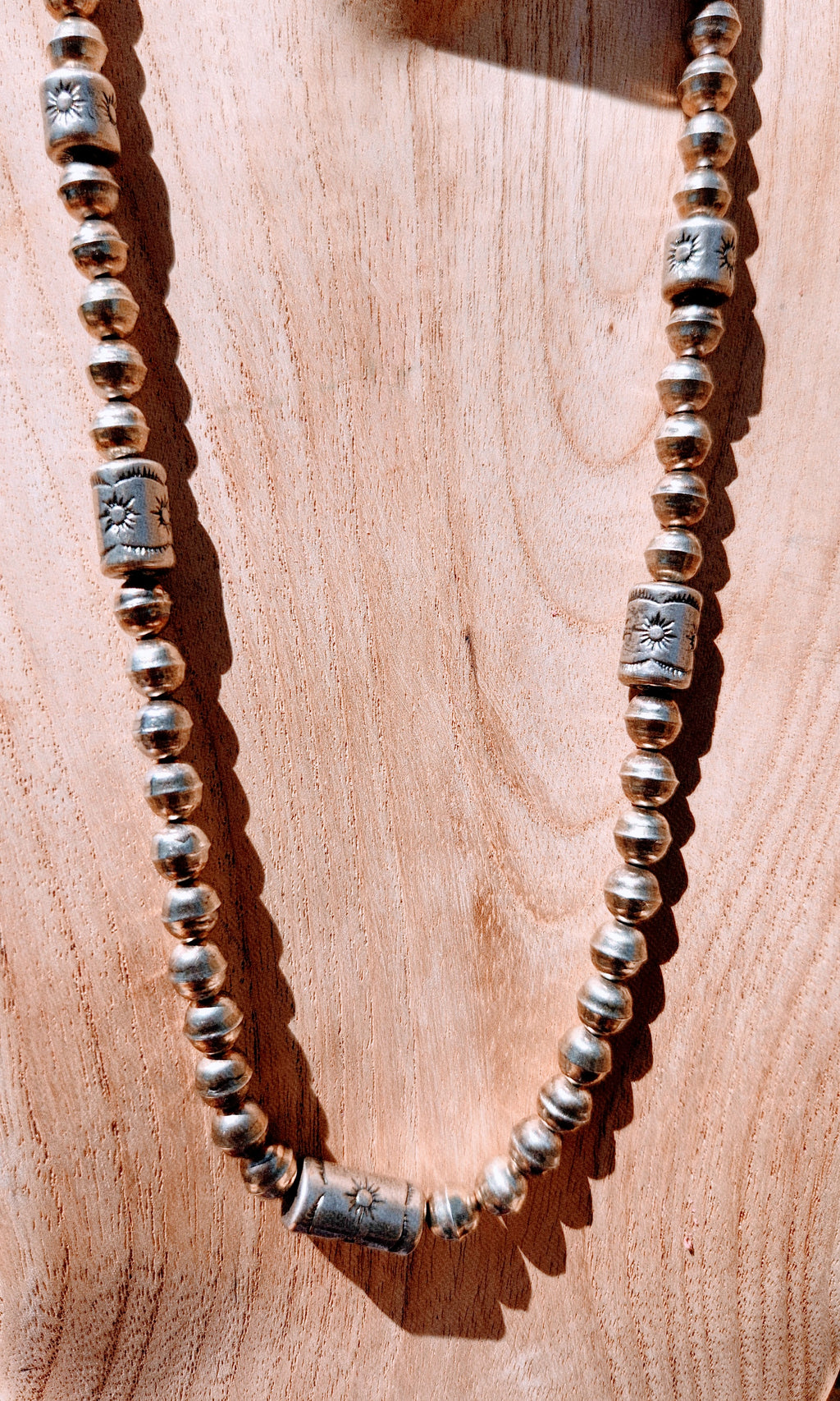 Navajo Hand strung Pearls and Sun Stamped Bead Cylinder Necklace