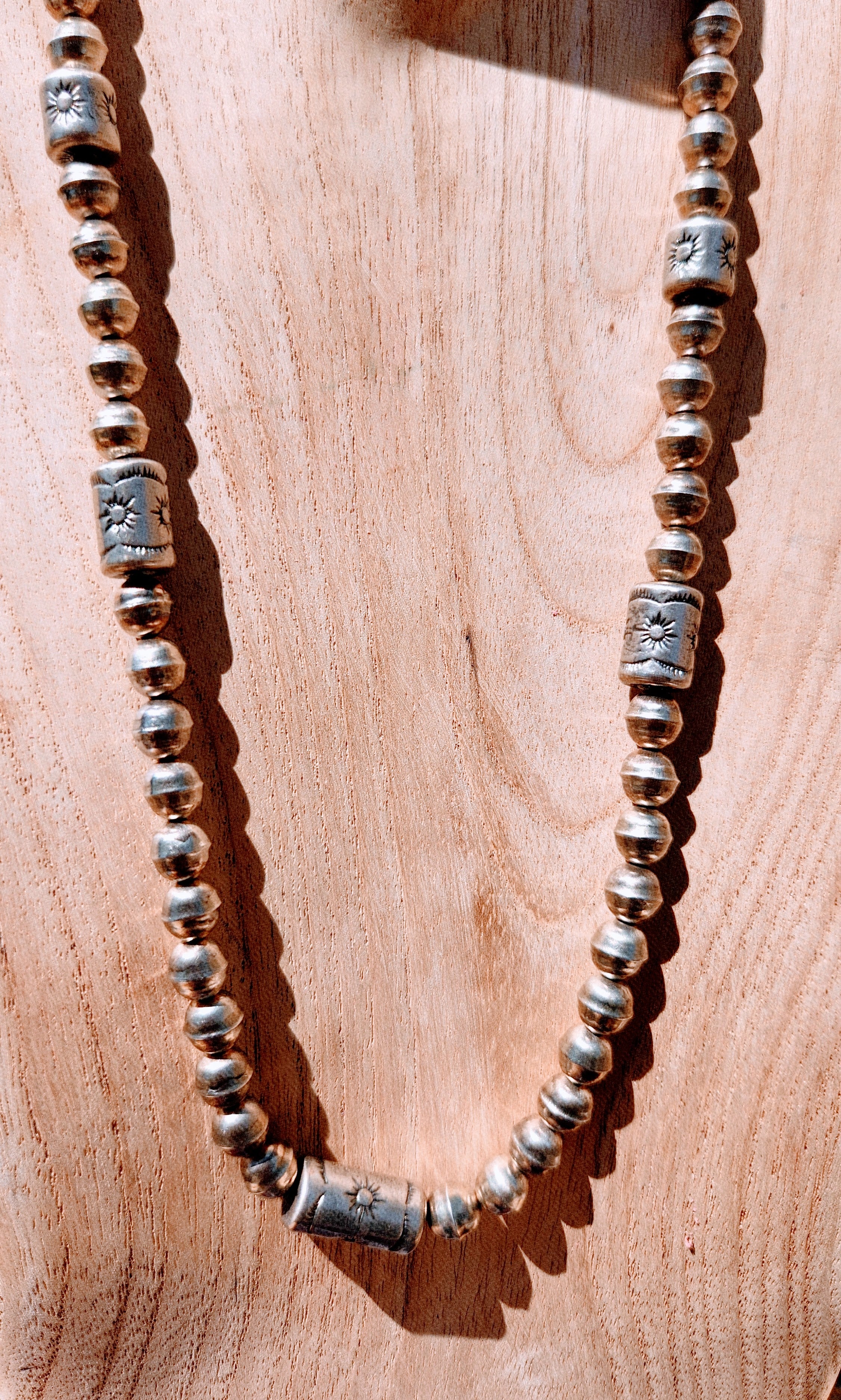 Navajo Hand strung Pearls and Sun Stamped Bead Cylinder Necklace