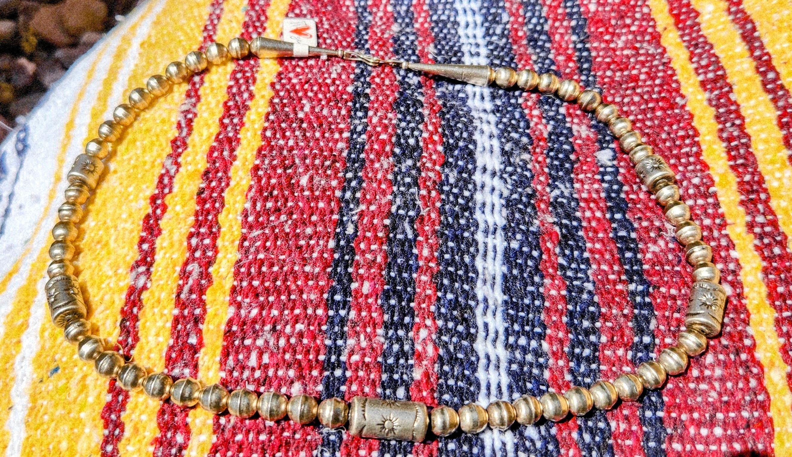 Navajo Hand strung Pearls and Sun Stamped Bead Cylinder Necklace