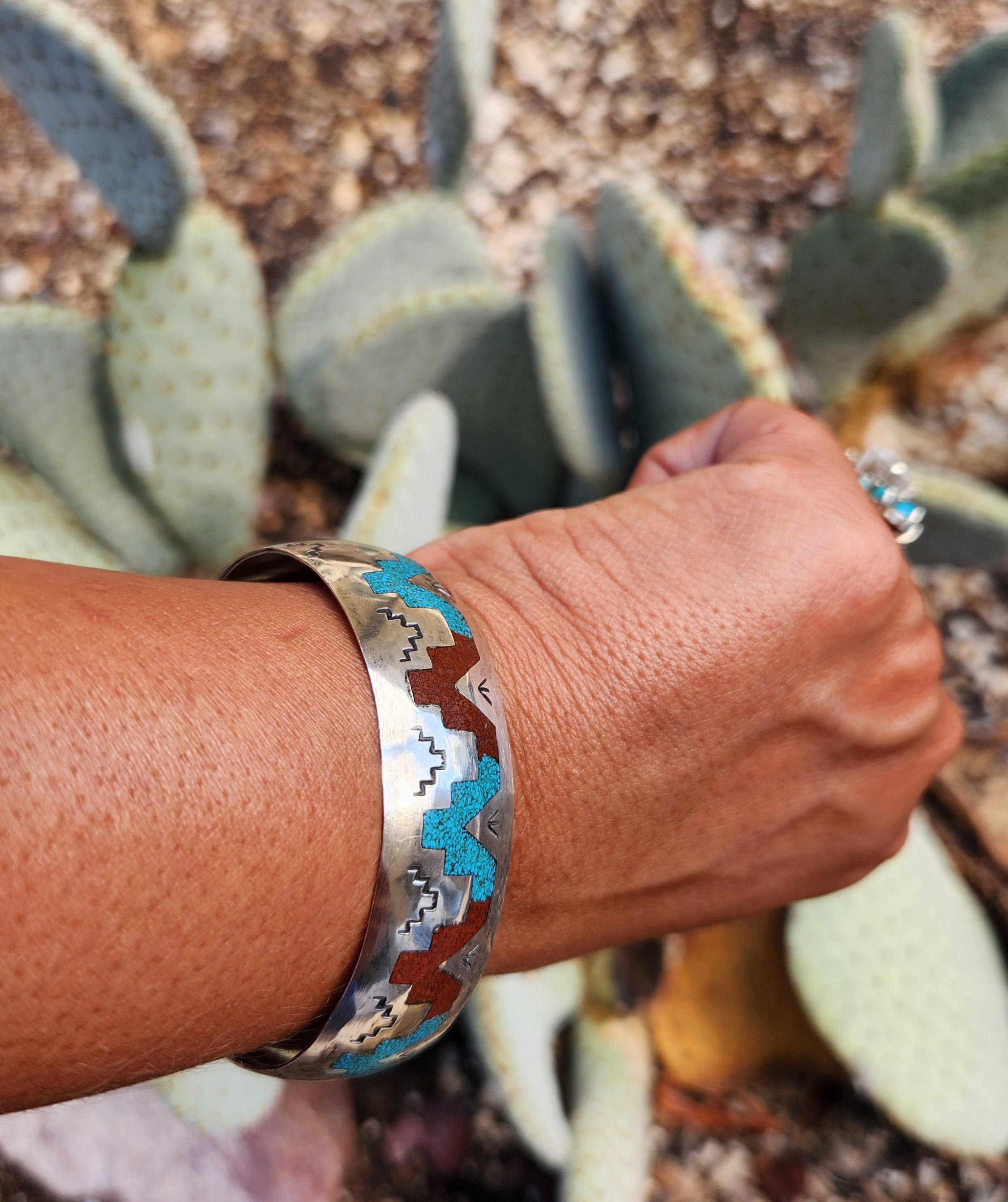 Vintage Native American Turquoise and Coral Inlay Cuff