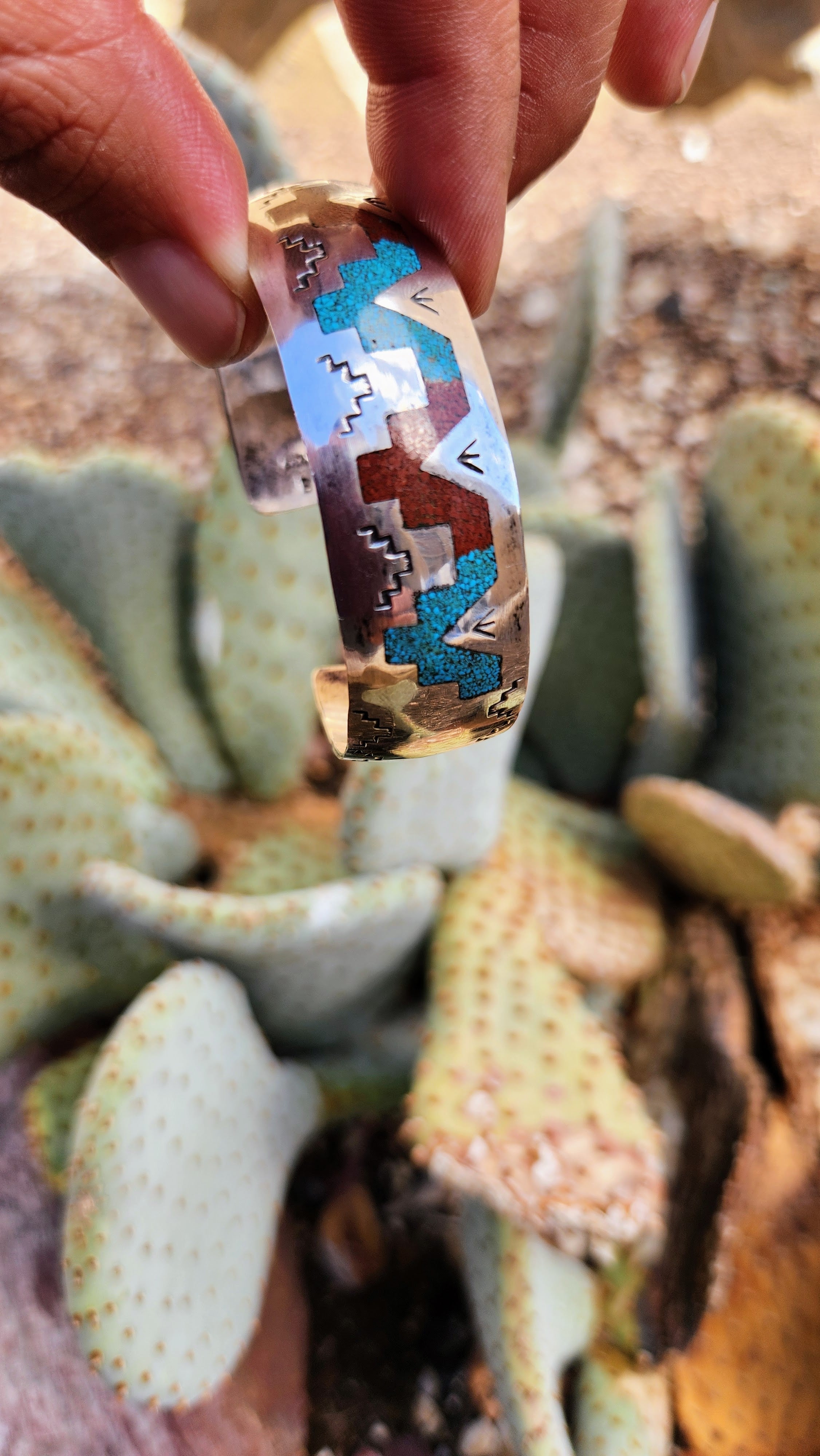Vintage Native American Turquoise and Coral Inlay Cuff