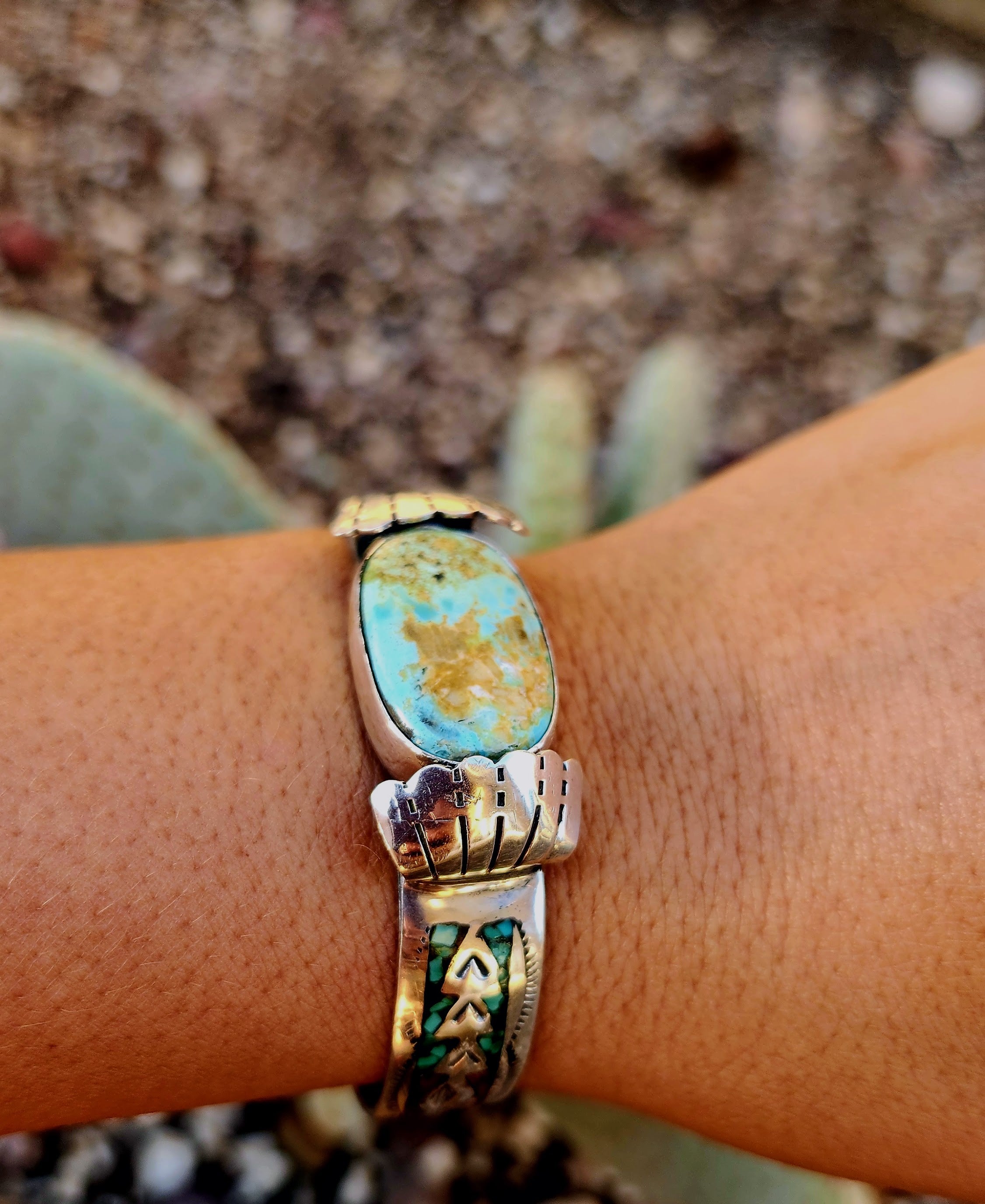 Vintage Handmade Sterling Silver Chip Inlay Cuff