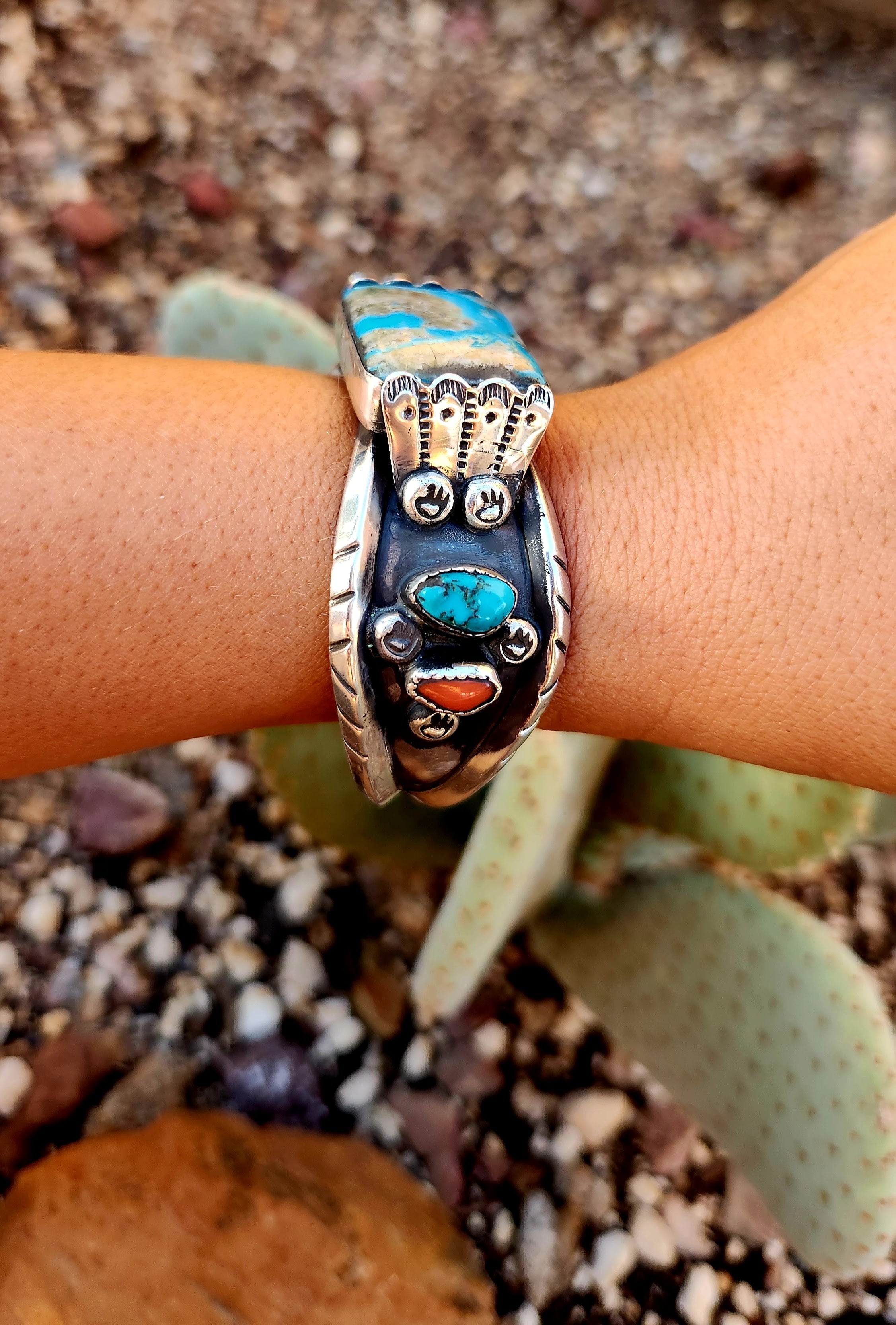Vintage Navajo Handmade Kingman and Coral watch cuff