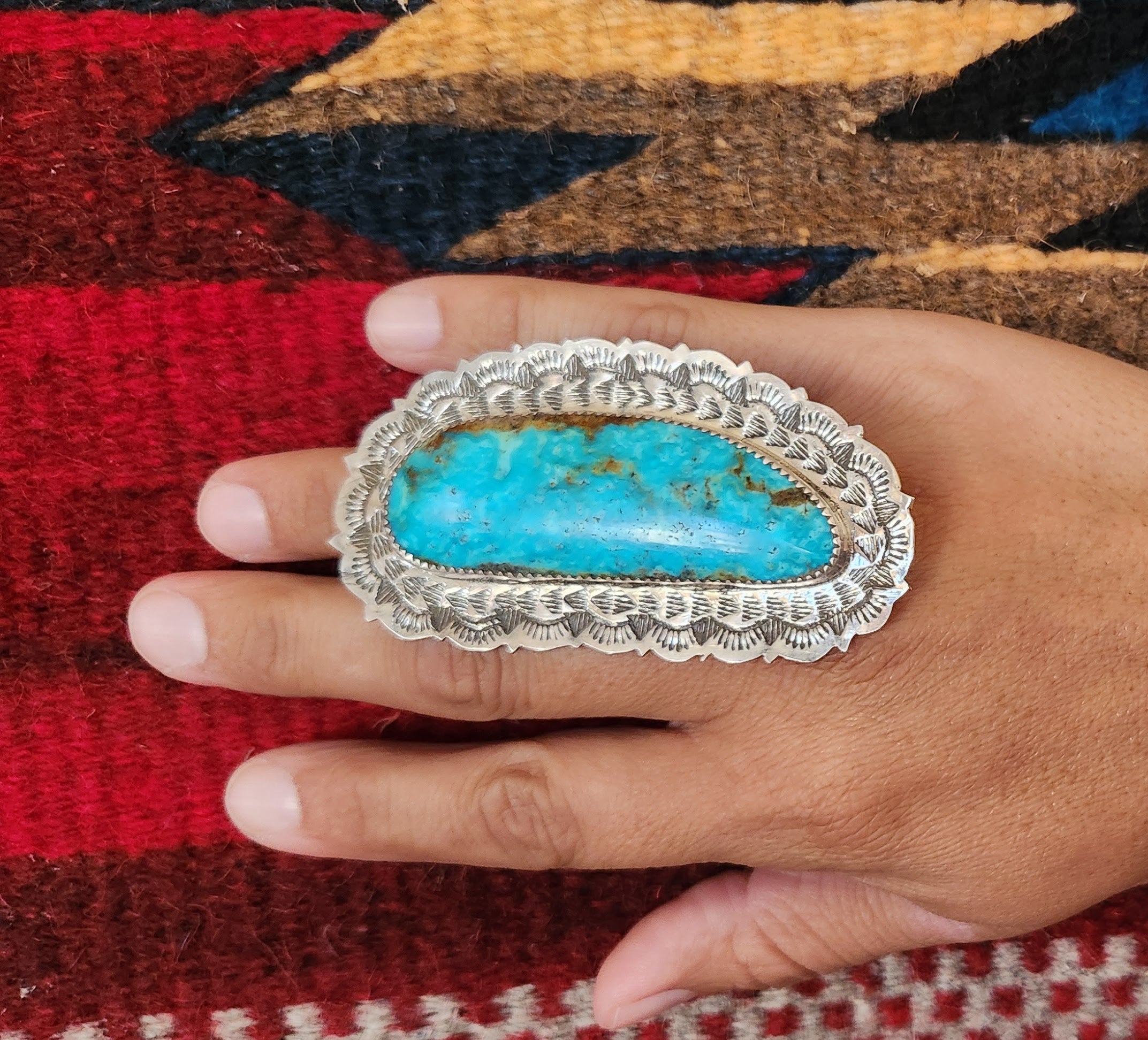 One of a kind Large Navajo handmade adjustable Kingman Turquoise ring