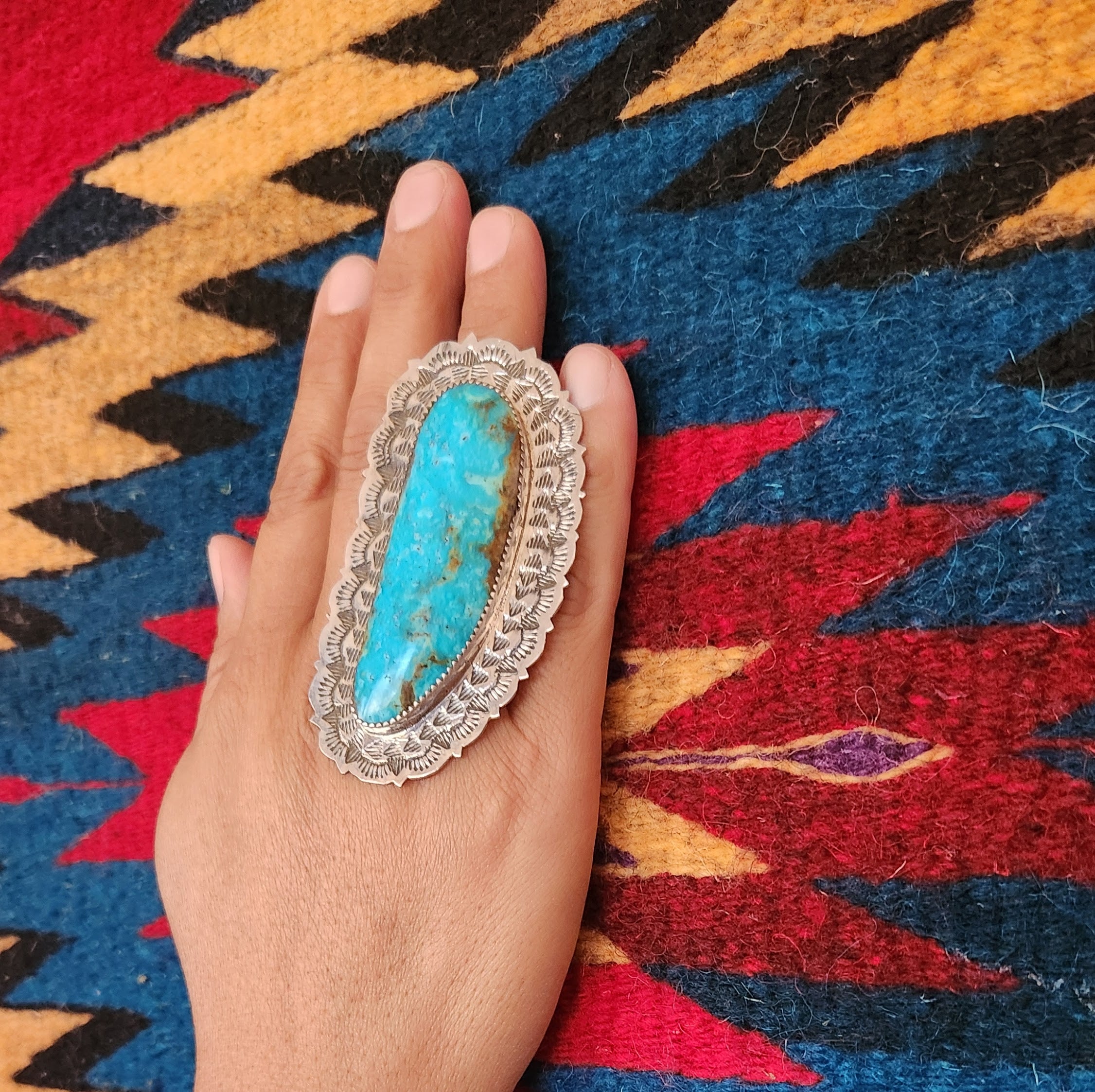 One of a kind Large Navajo handmade adjustable Kingman Turquoise ring