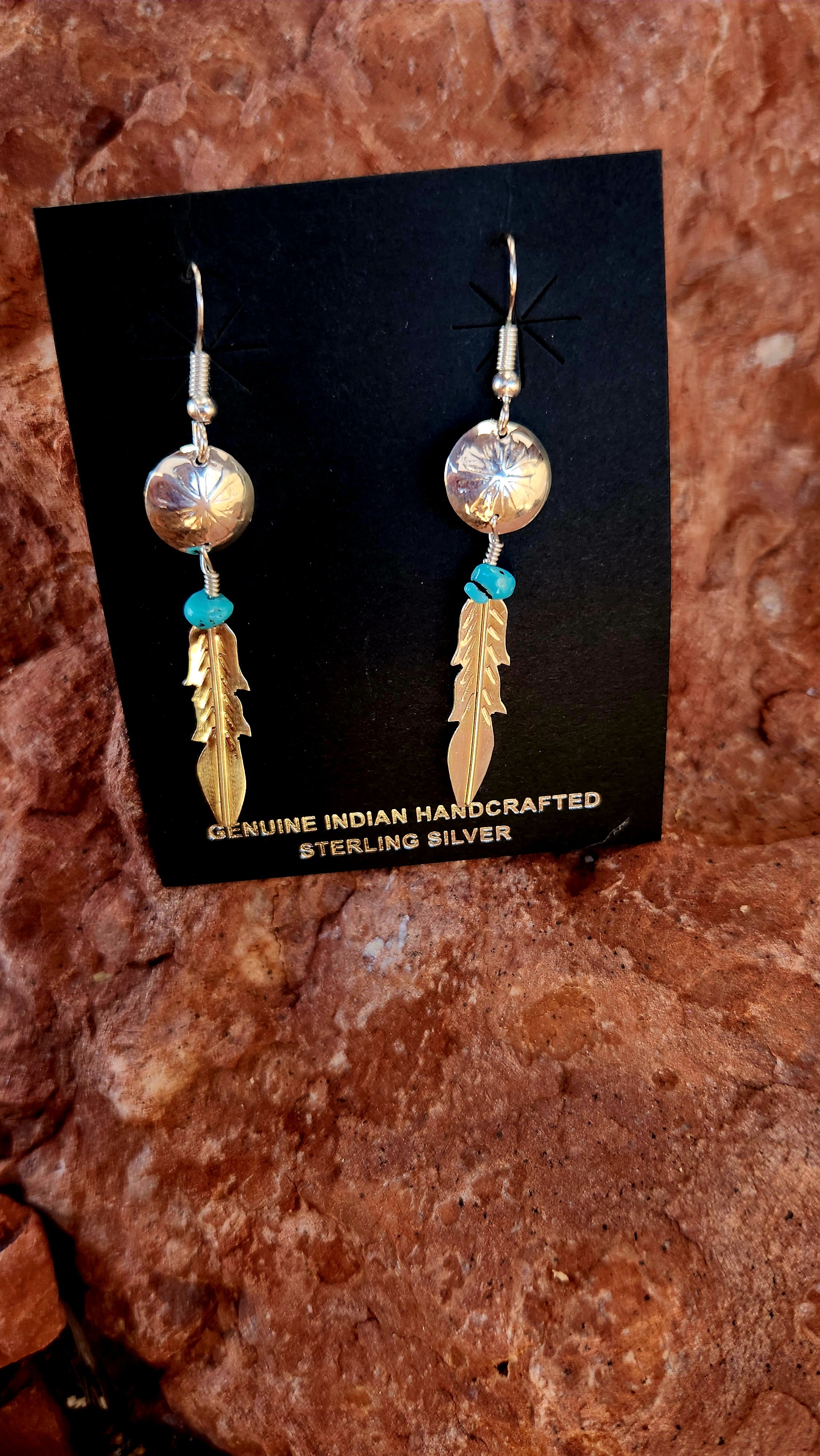 Beautiful Native Concho Turquoise Feather Earrings