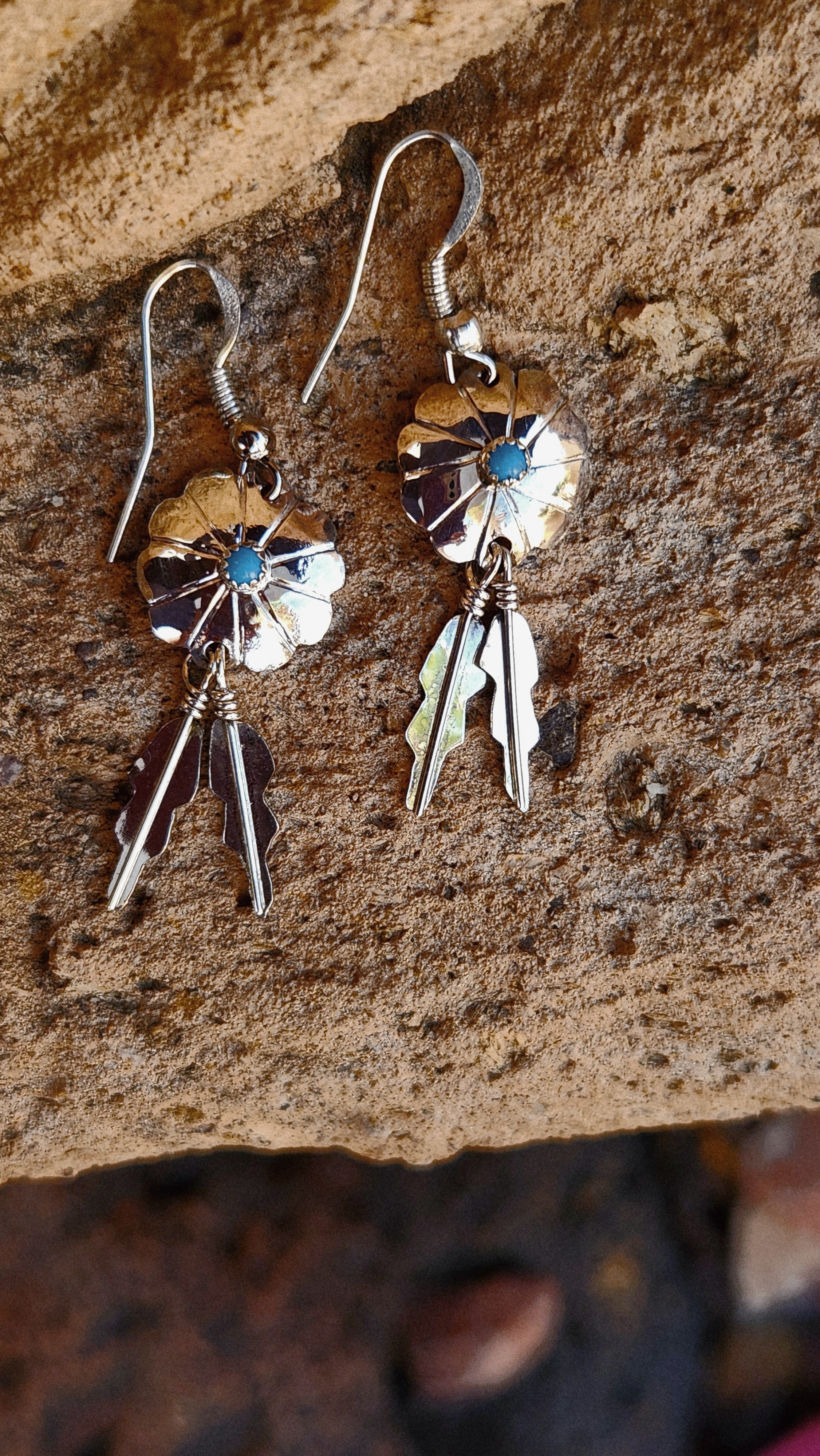 Native Concho Turquoise Feather Earrings