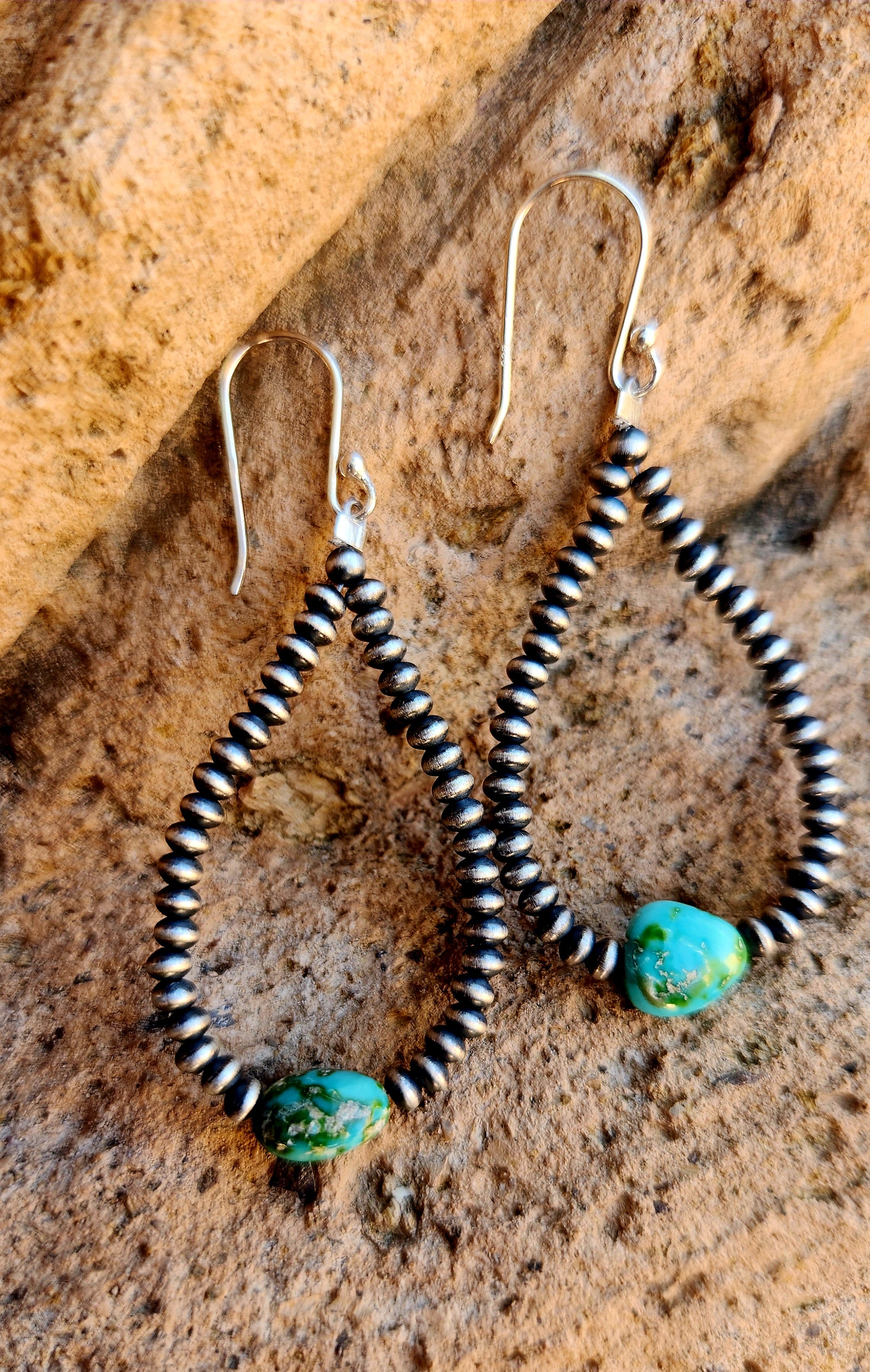 Navajo Pearl Handstrung Sonoran Mountain Turquoise Dangle Earrings