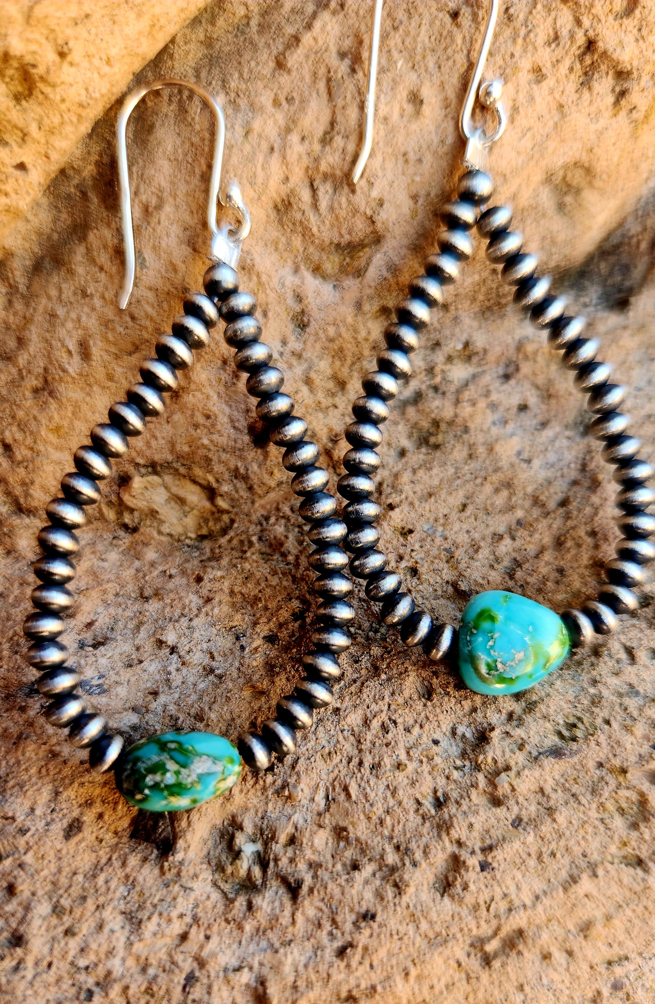 Navajo Pearl Handstrung Sonoran Mountain Turquoise Dangle Earrings