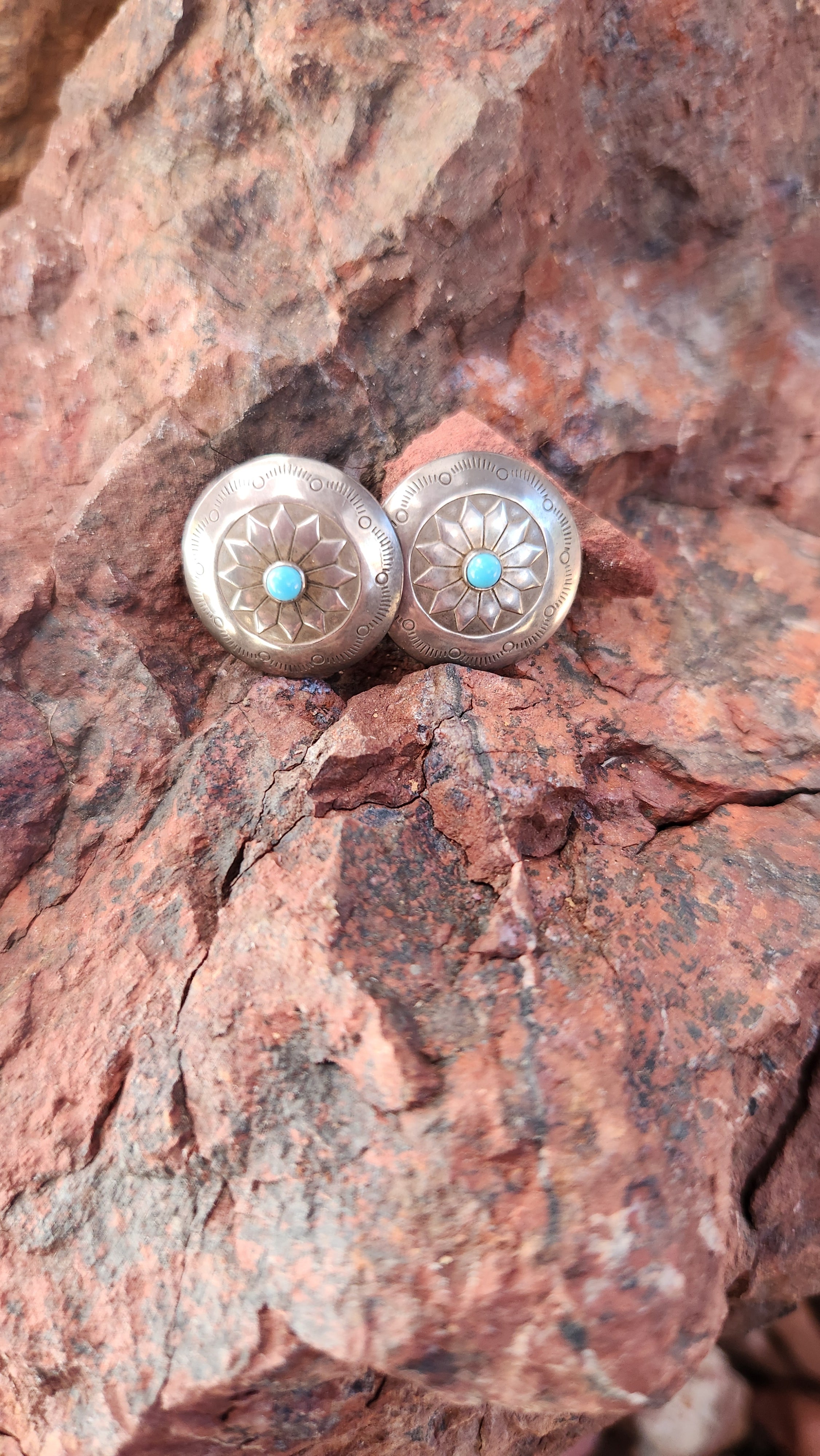 Handmade Native Concho Kingman Turquoise Earrings