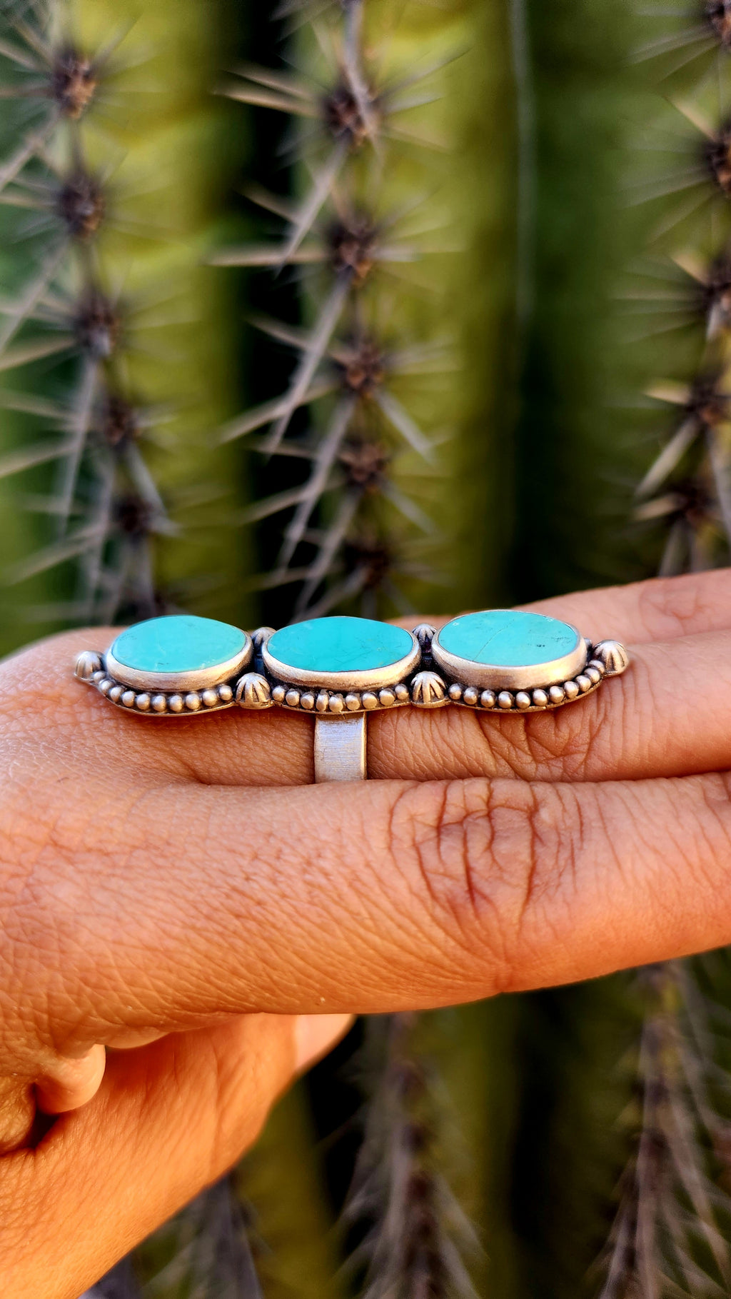 Beautiful Royston Turquoise Three Stone Adjustable Ring