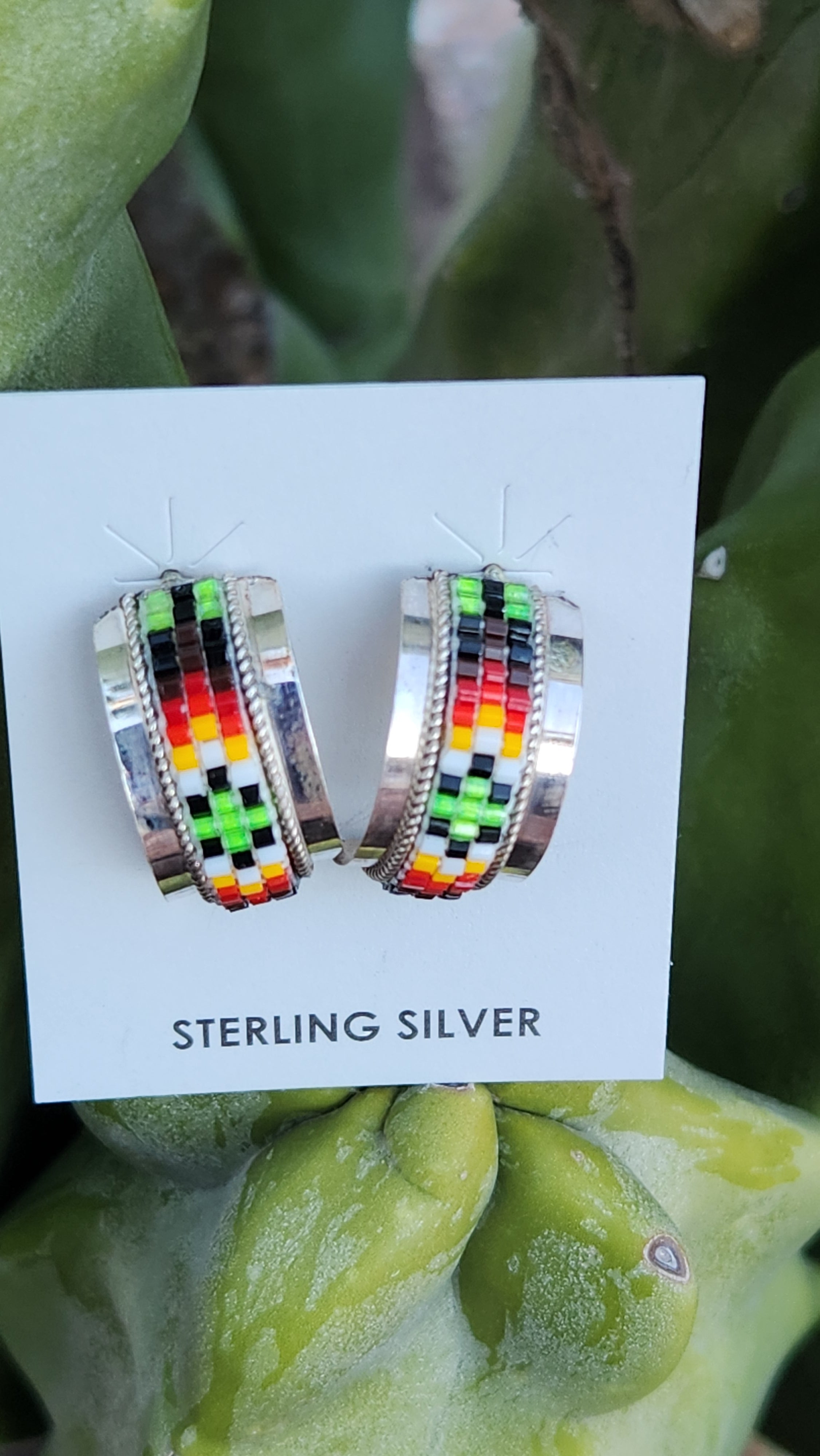 Navajo Handmade Beaded Sterling Silver Hoop Earrings