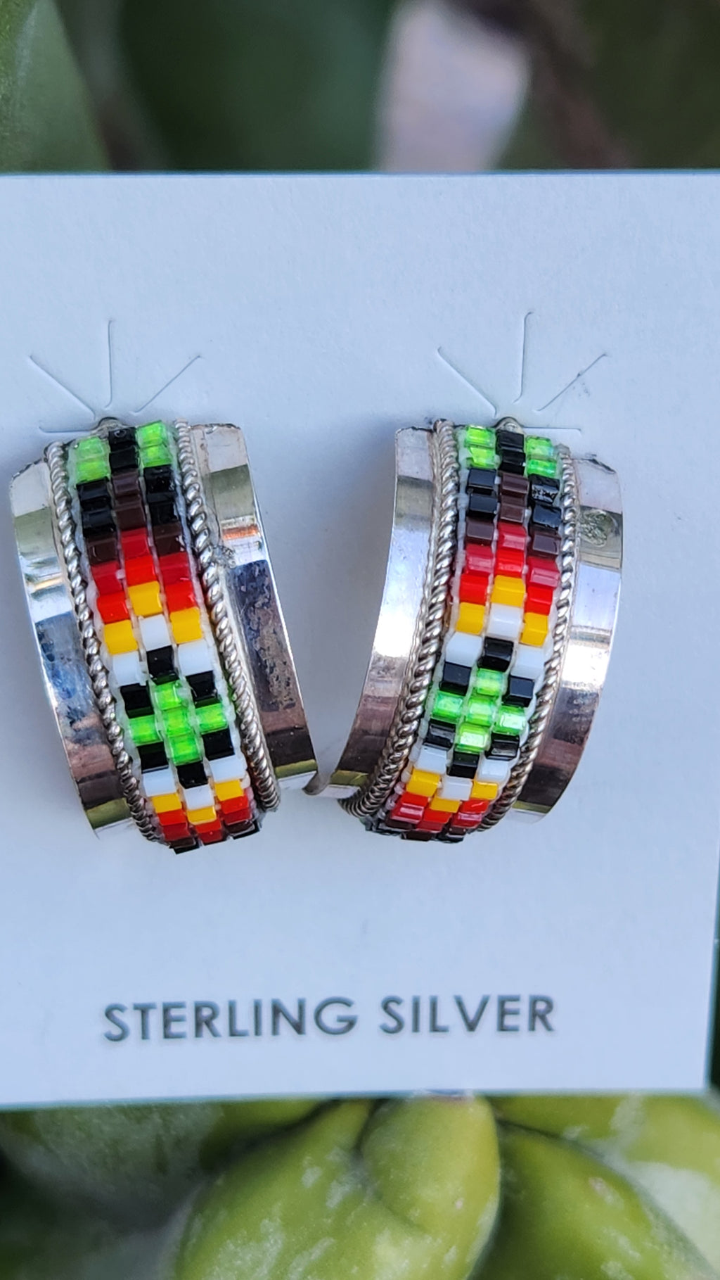 Navajo Handmade Beaded Sterling Silver Hoop Earrings