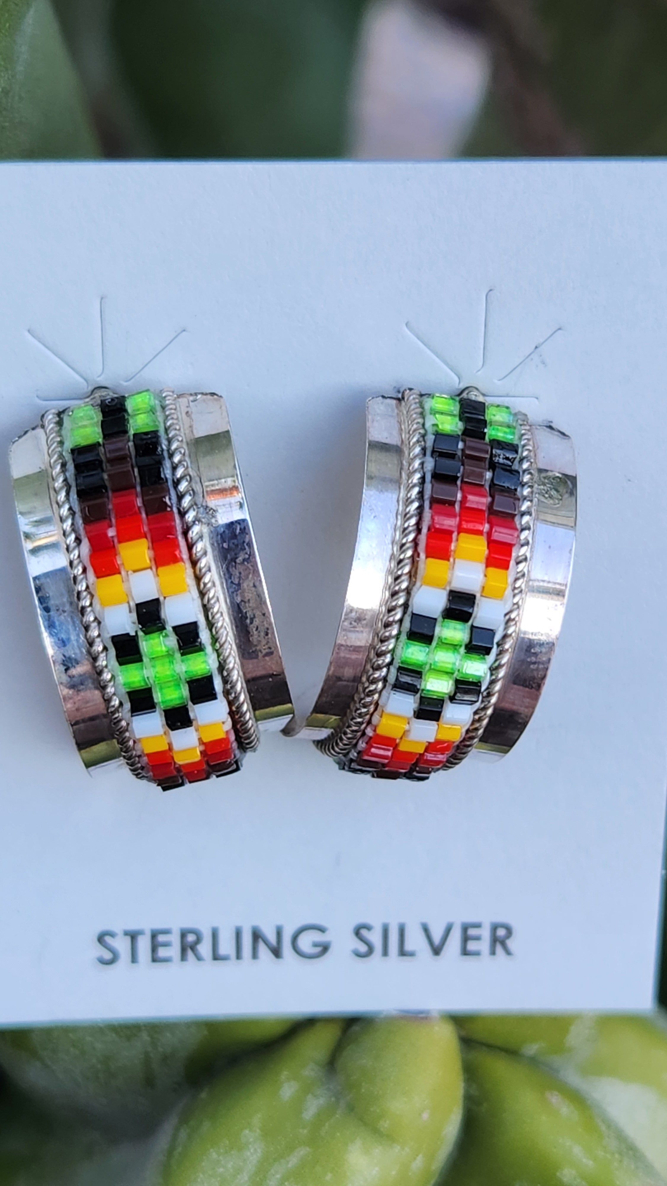 Navajo Handmade Beaded Sterling Silver Hoop Earrings