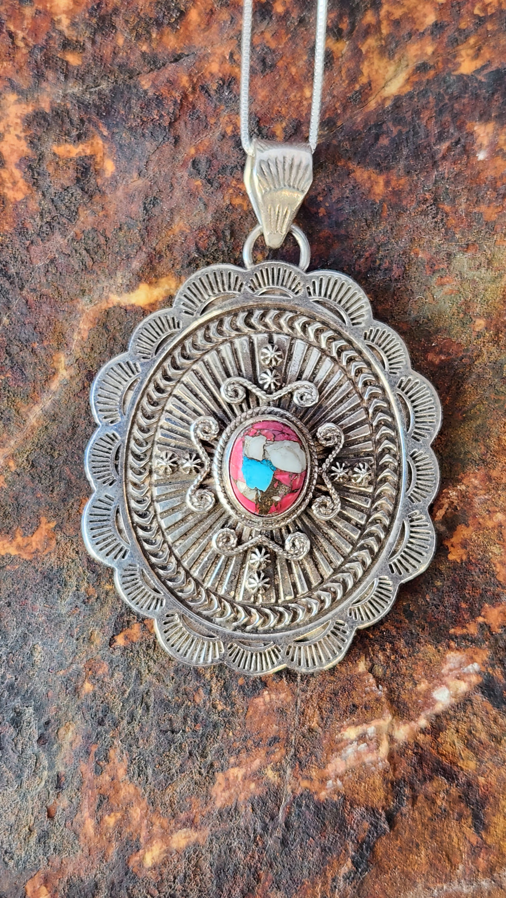 Beautiful Cotton Candy Turquoise Concho Pendant Necklace