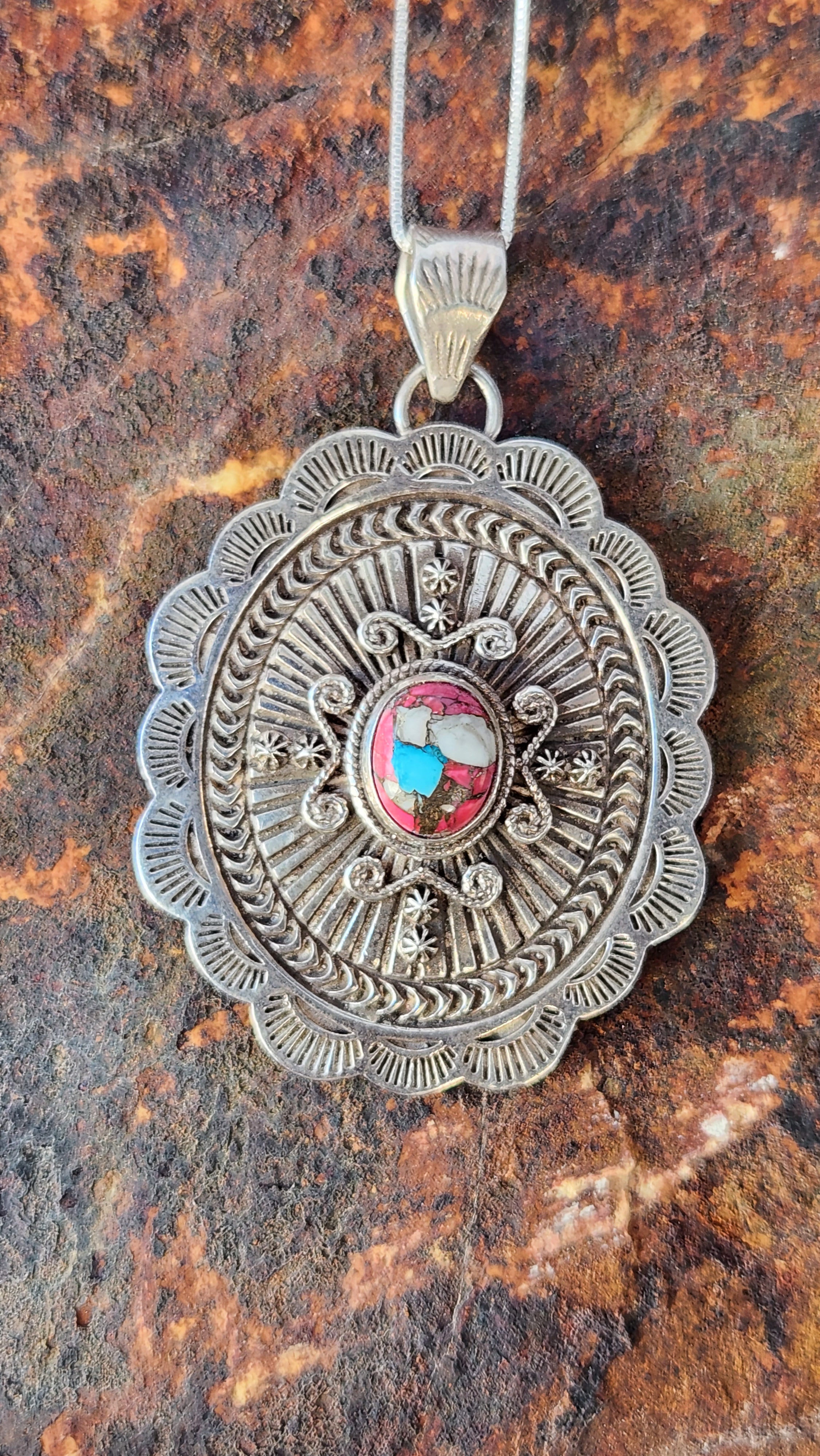 Beautiful Cotton Candy Turquoise Concho Pendant Necklace