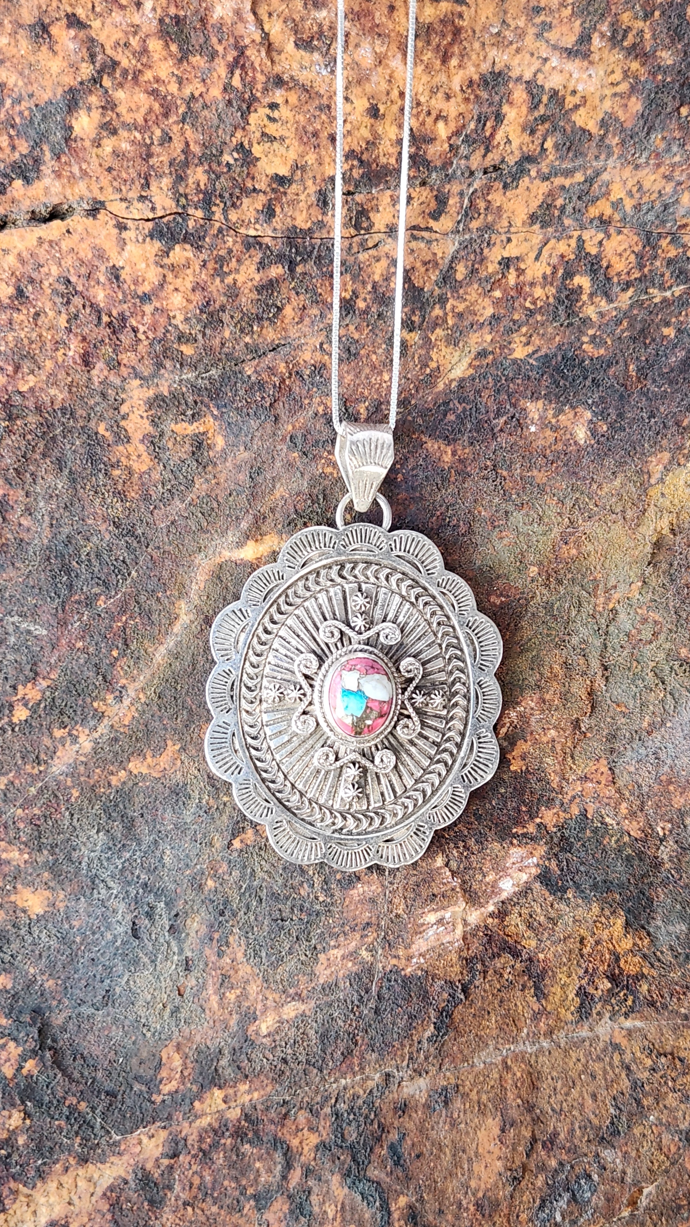 Beautiful Cotton Candy Turquoise Concho Pendant Necklace