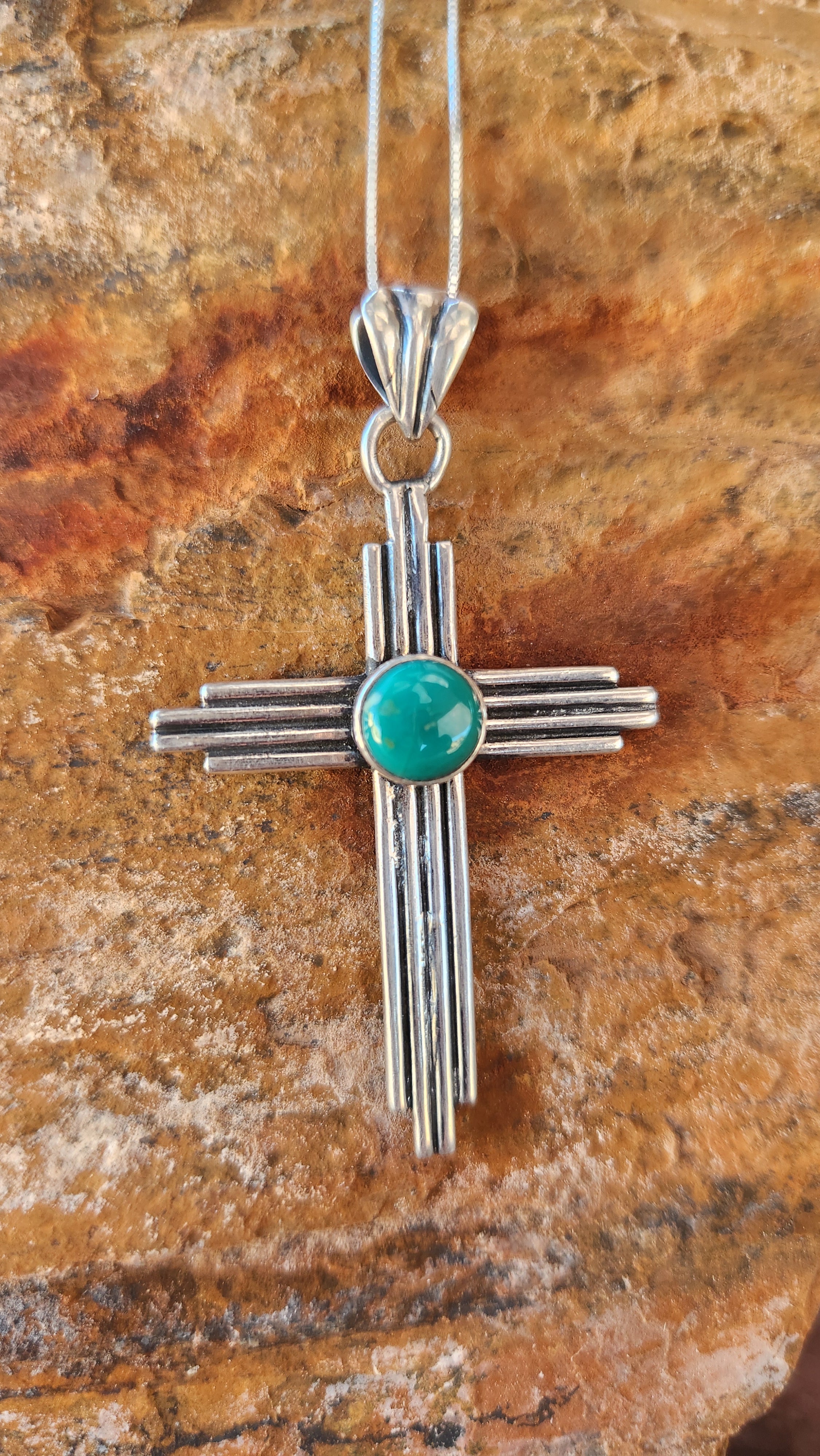 Cerillos Turquoise Sterling Silver Cross Pendant Necklace