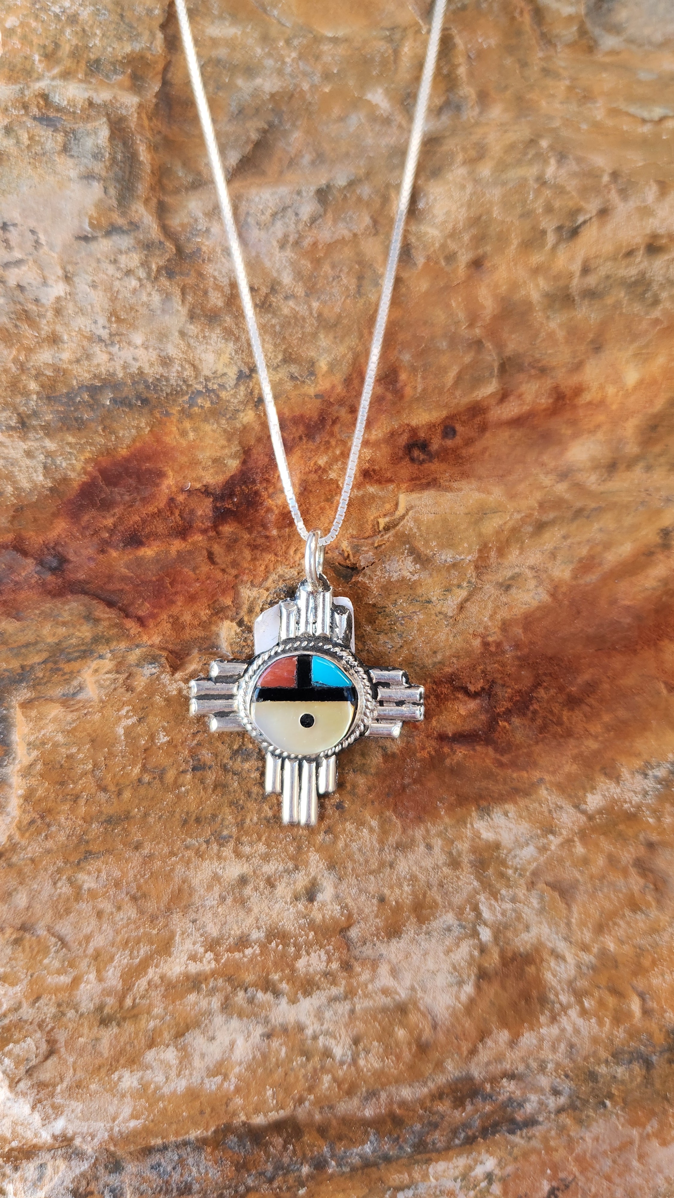 Zuni Multi stone Inlay Zia Sun Face Pendant