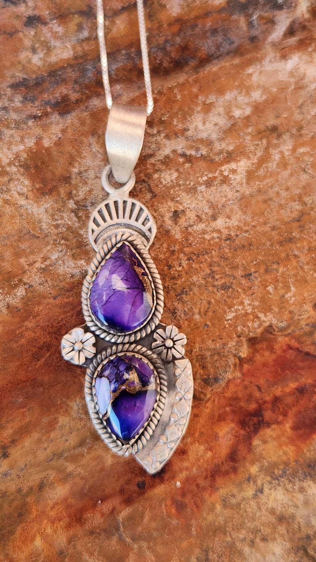 Beautiful Purple Dahlia Two Stone Pendant Necklace