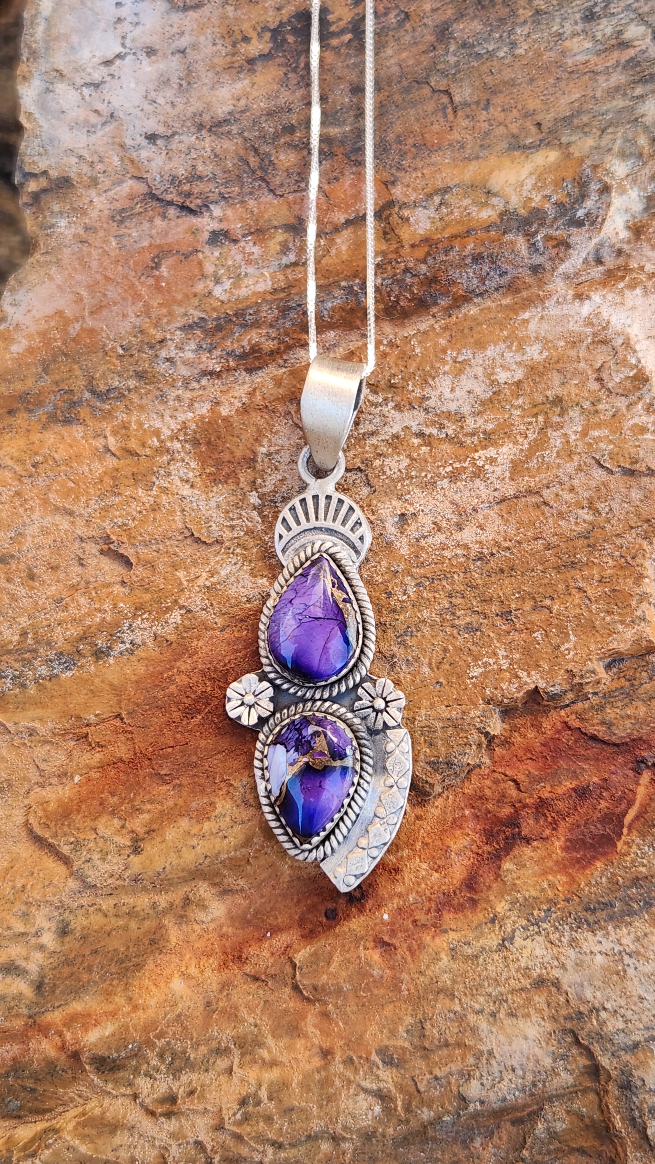 Beautiful Purple Dahlia Two Stone Pendant Necklace