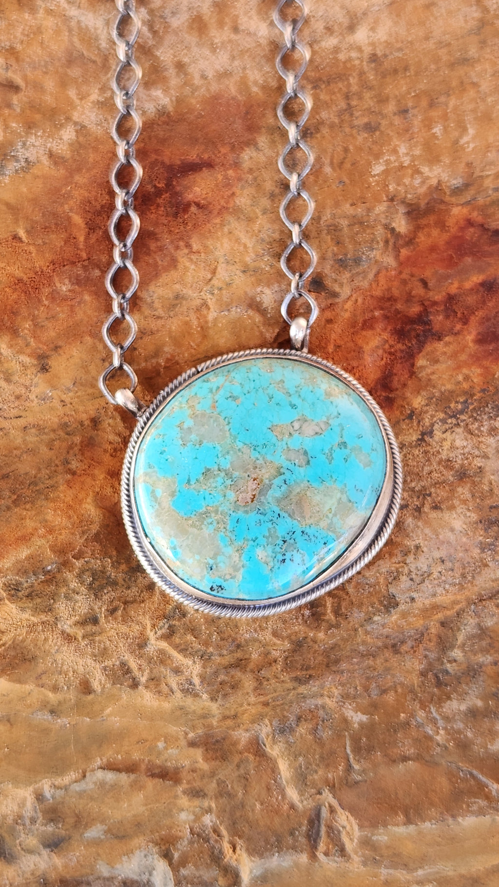 Navajo Handmade Large Kingman Turquoise Pendant Necklace