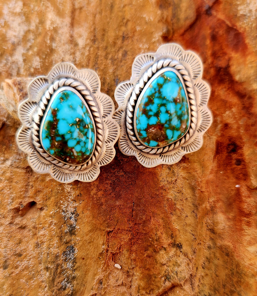 Sterling Silver Spider Web Turquoise Stud Earrings
