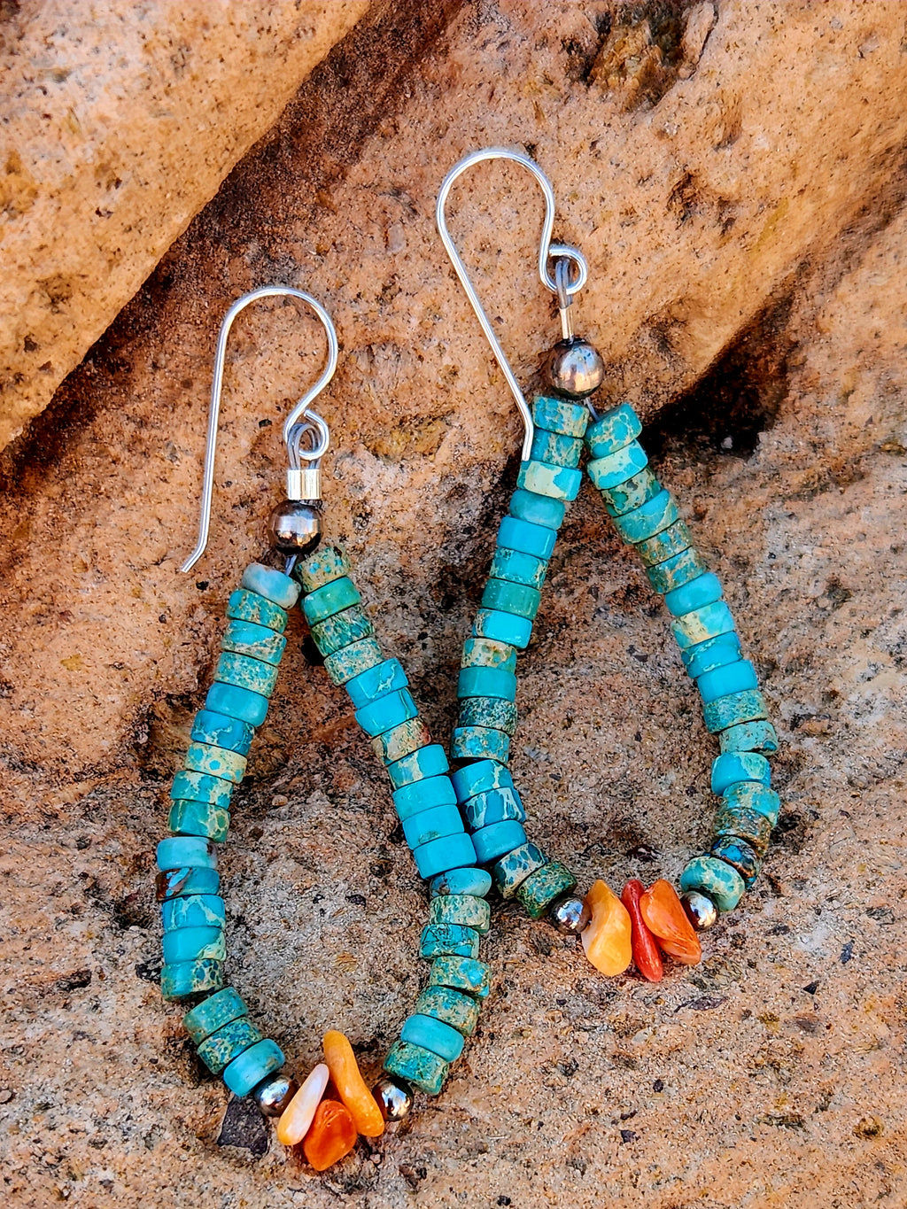 Kingman Turquoise, Coral Sterling Silver Dangle Earrings