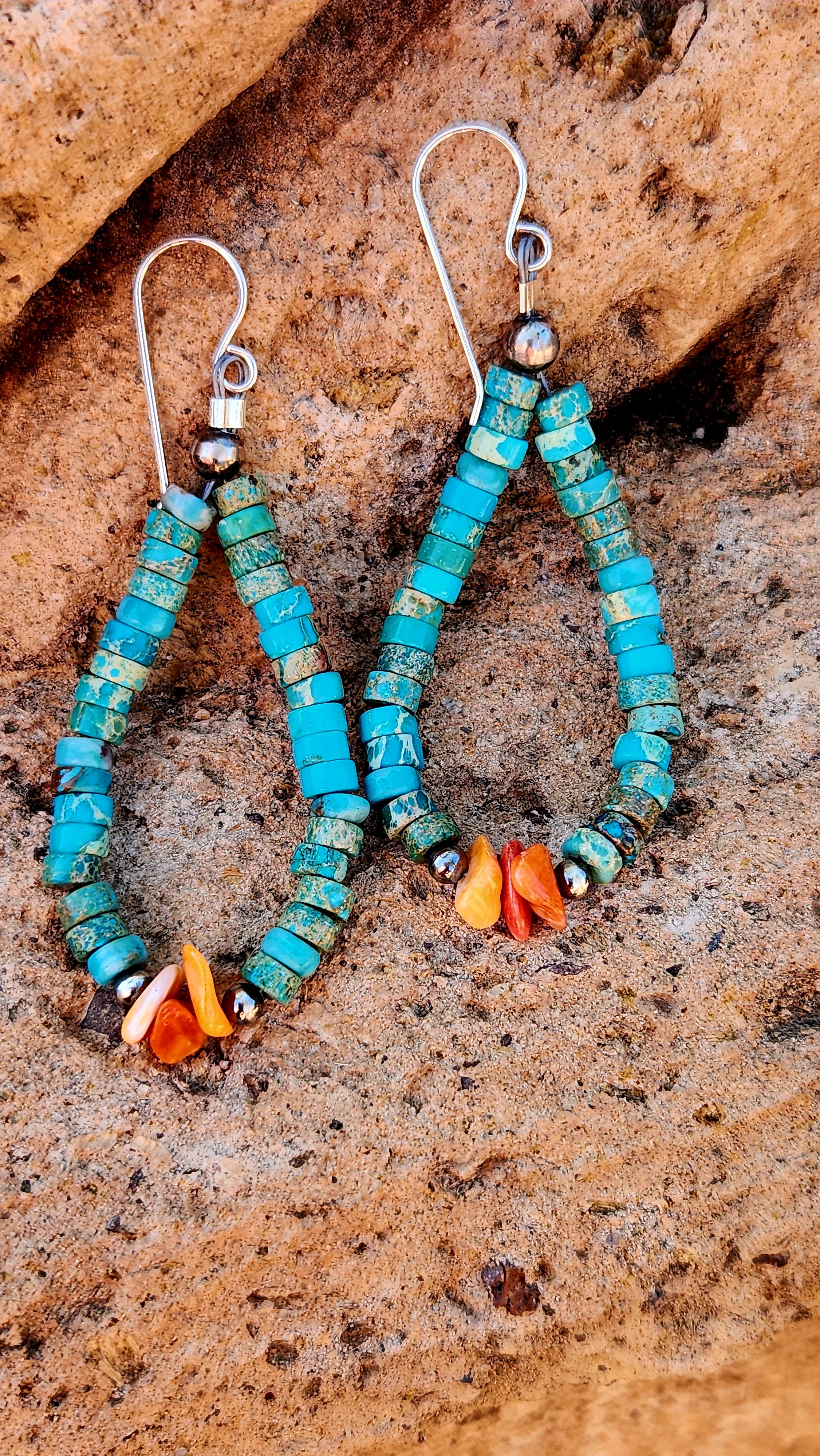 Kingman Turquoise, Coral Sterling Silver Dangle Earrings