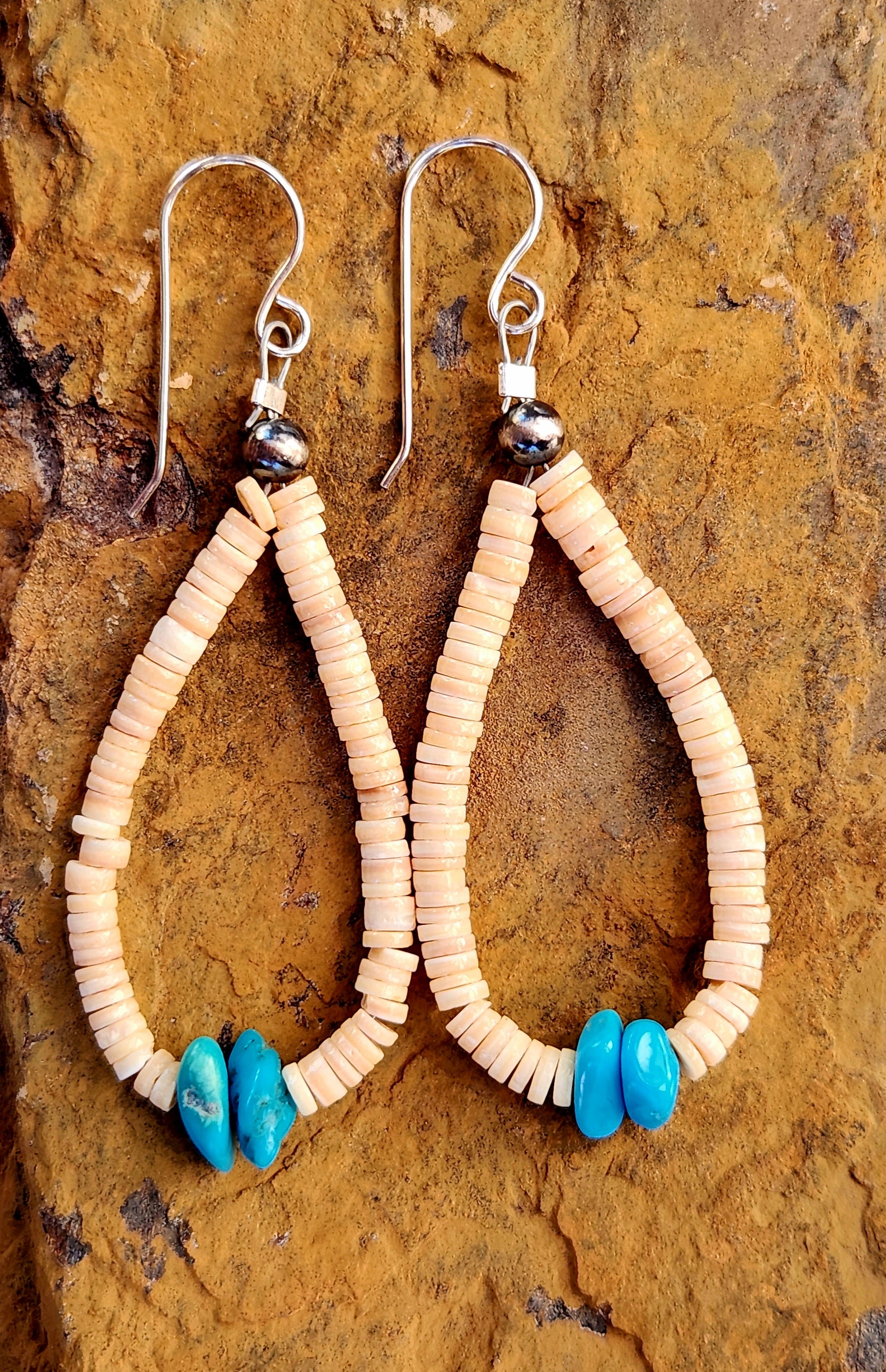 Handmade Navajo Kingman Turquoise Heishi Dangle Earrings