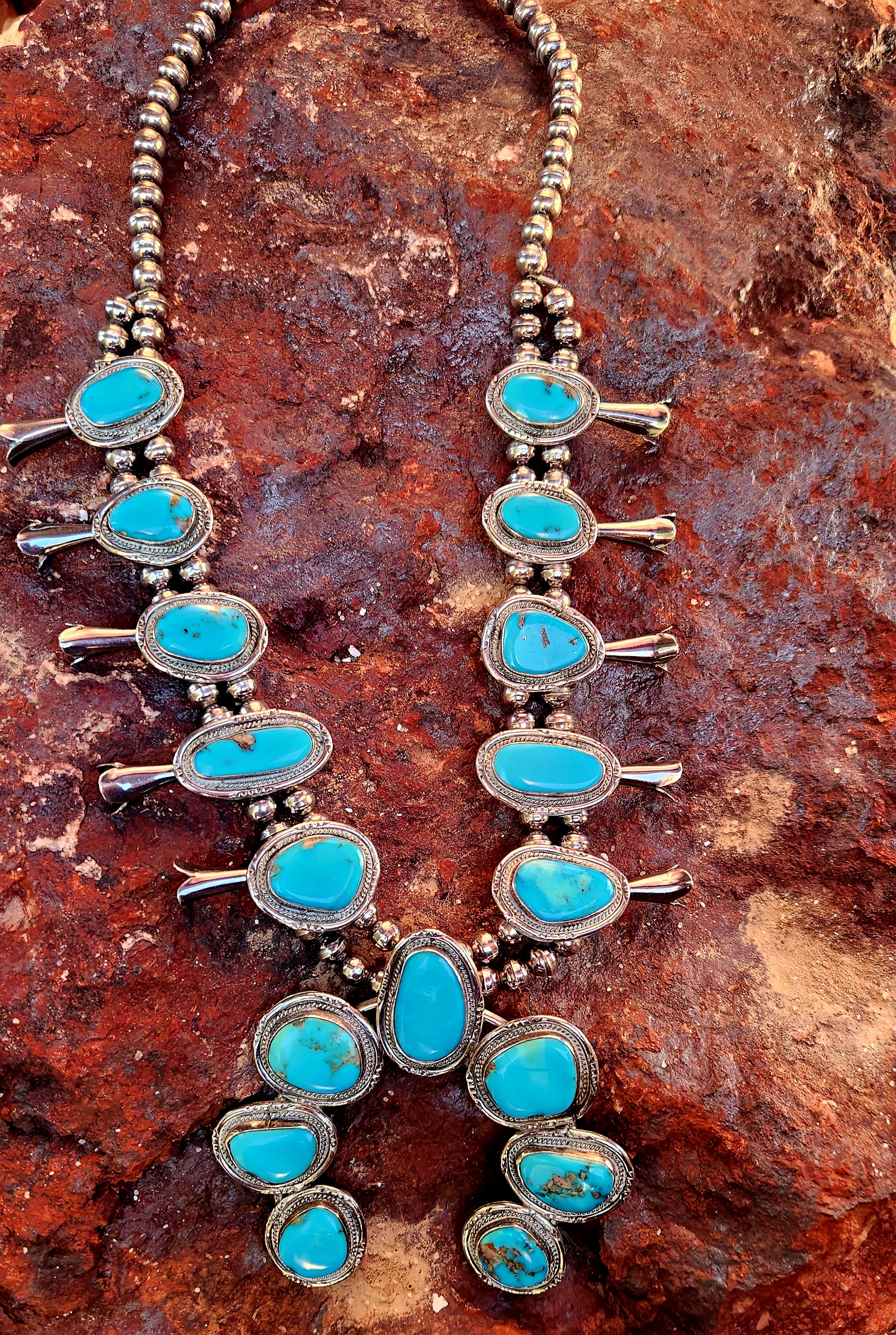 Large Kingman Turquoise Squash Blossom Necklace